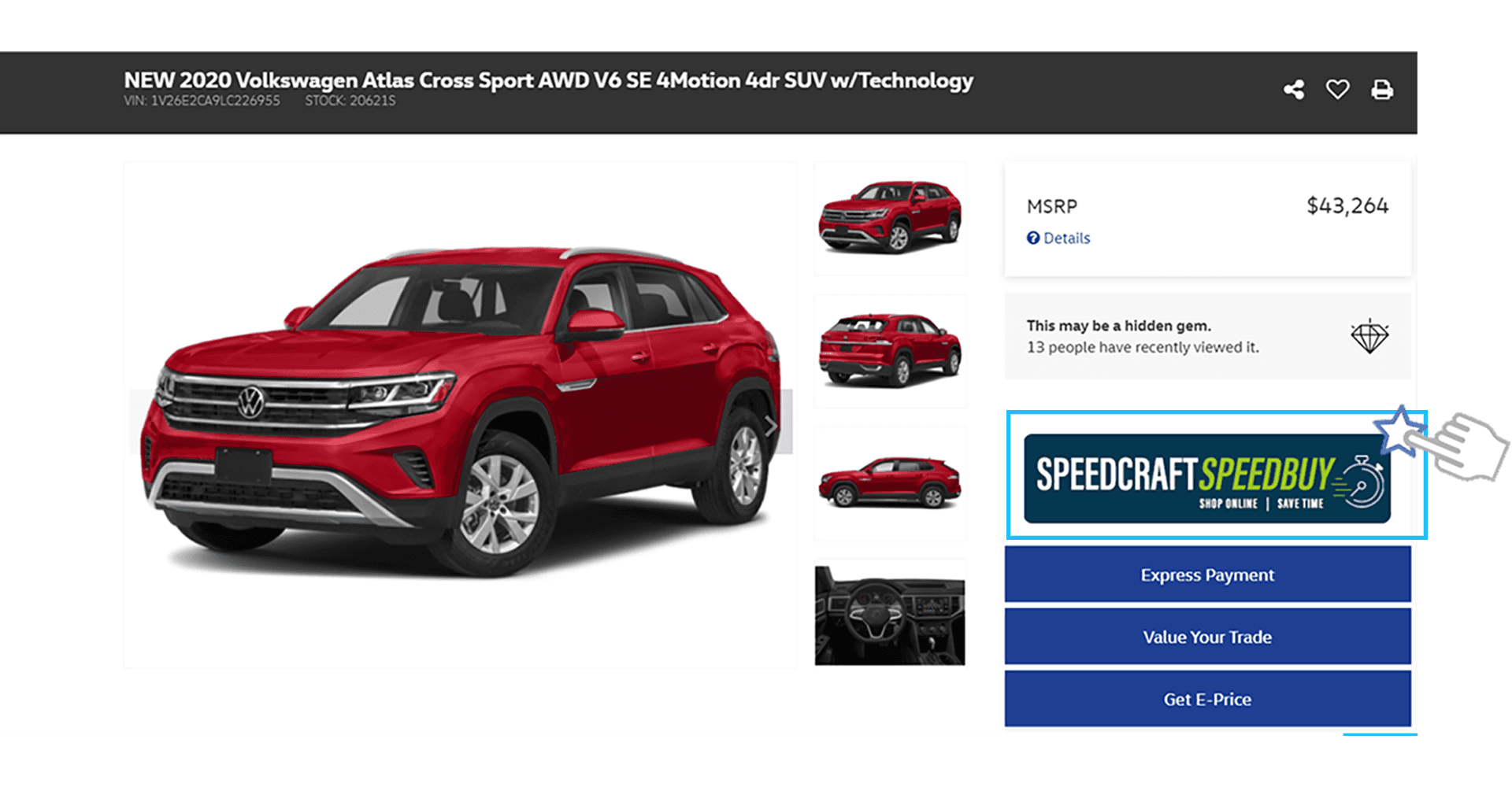 A red Volkswagen Atlas Cross Sport with related images, and its listed price of $43,264, next to call-to-action buttons.