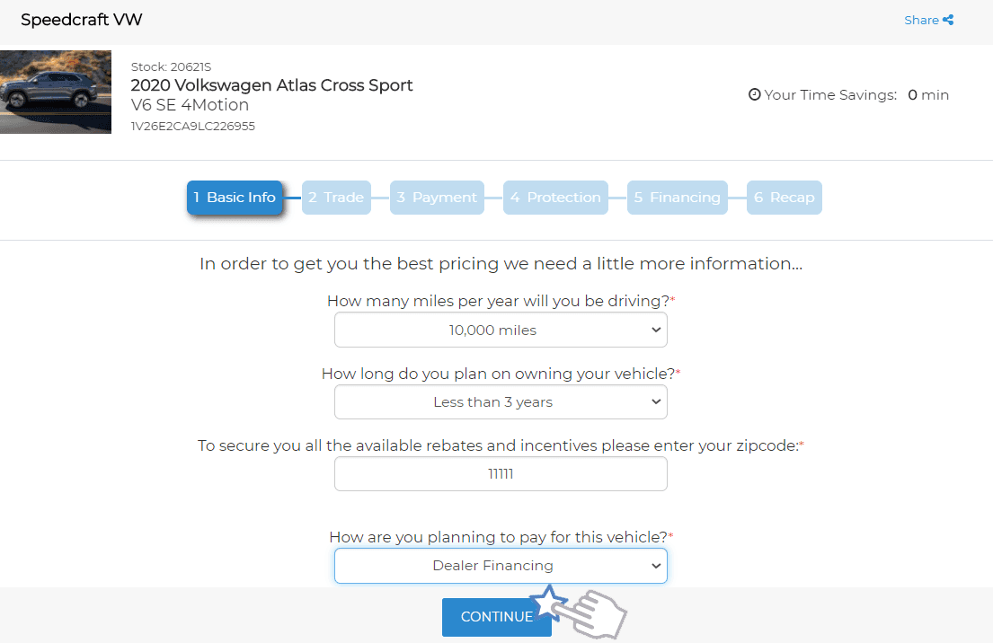 A car dealership website checkout page, showing Basic Info selected, with text fields and dropdowns for purchase details.