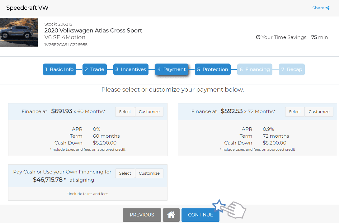 A car dealership's online payment calculator showing financing and cash options for a 2020 Volkswagen Atlas Cross Sport.